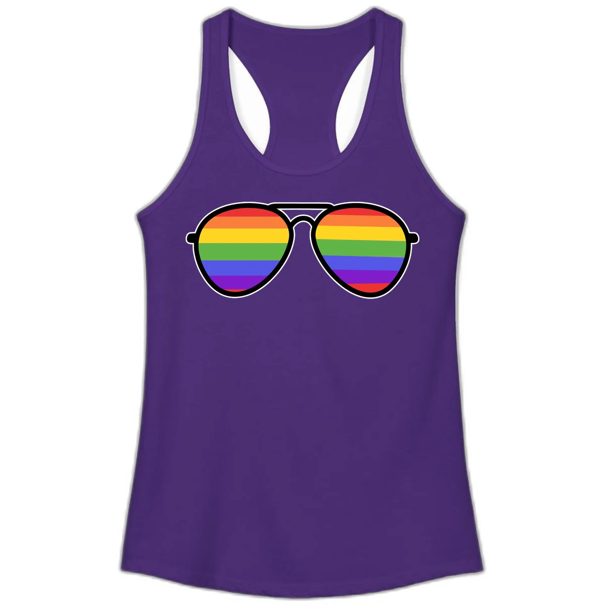 Pair of aviator sunglasses with rainbow-striped lenses in pride flag colors on gray background in Solid Purple Rush