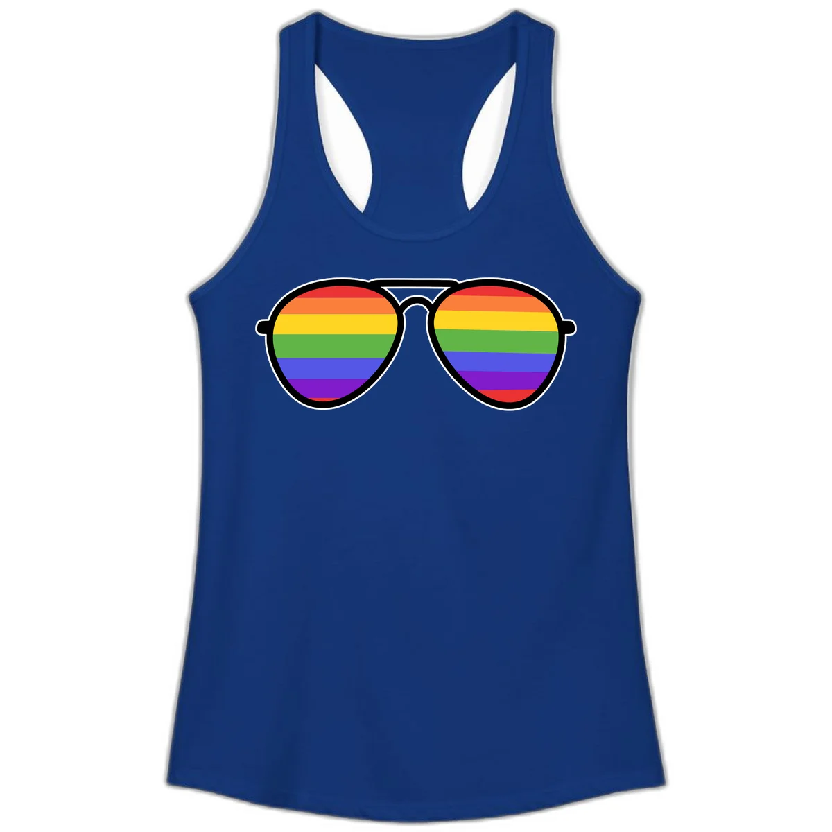 Pair of aviator sunglasses with rainbow-striped lenses in pride flag colors on gray background in Solid Royal