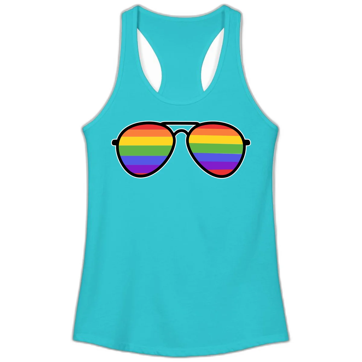 Pair of aviator sunglasses with rainbow-striped lenses in pride flag colors on gray background in Solid Tahiti Blue