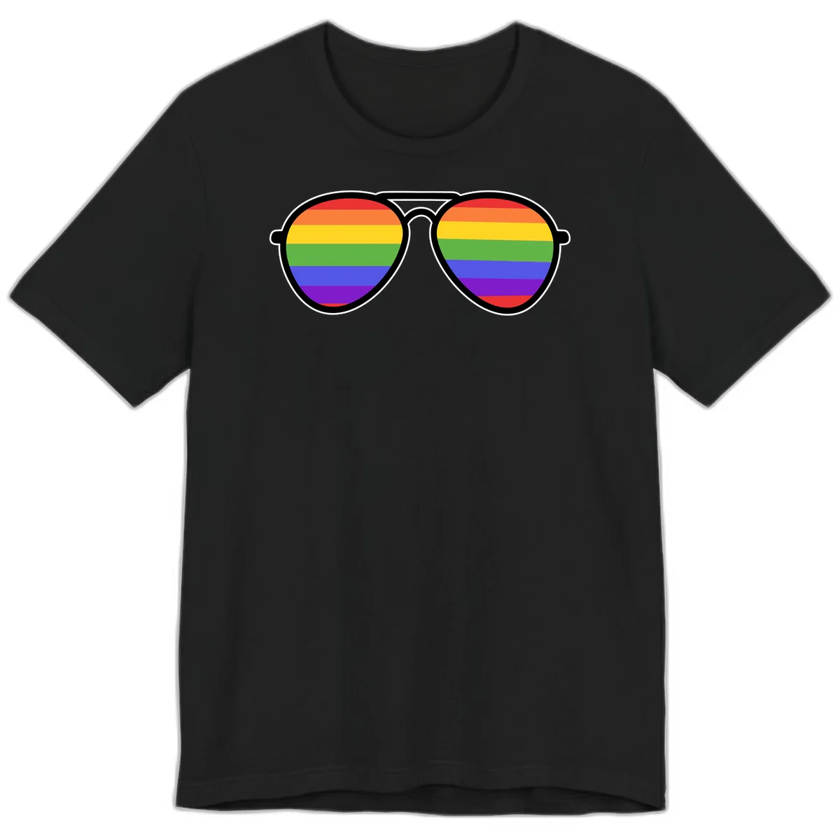 Pair of aviator sunglasses with rainbow-striped lenses in pride flag colors on gray background in Black