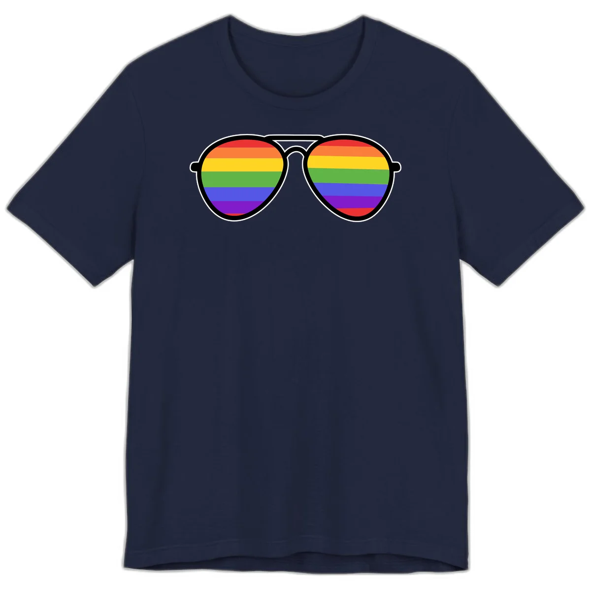 Pair of aviator sunglasses with rainbow-striped lenses in pride flag colors on gray background in Navy