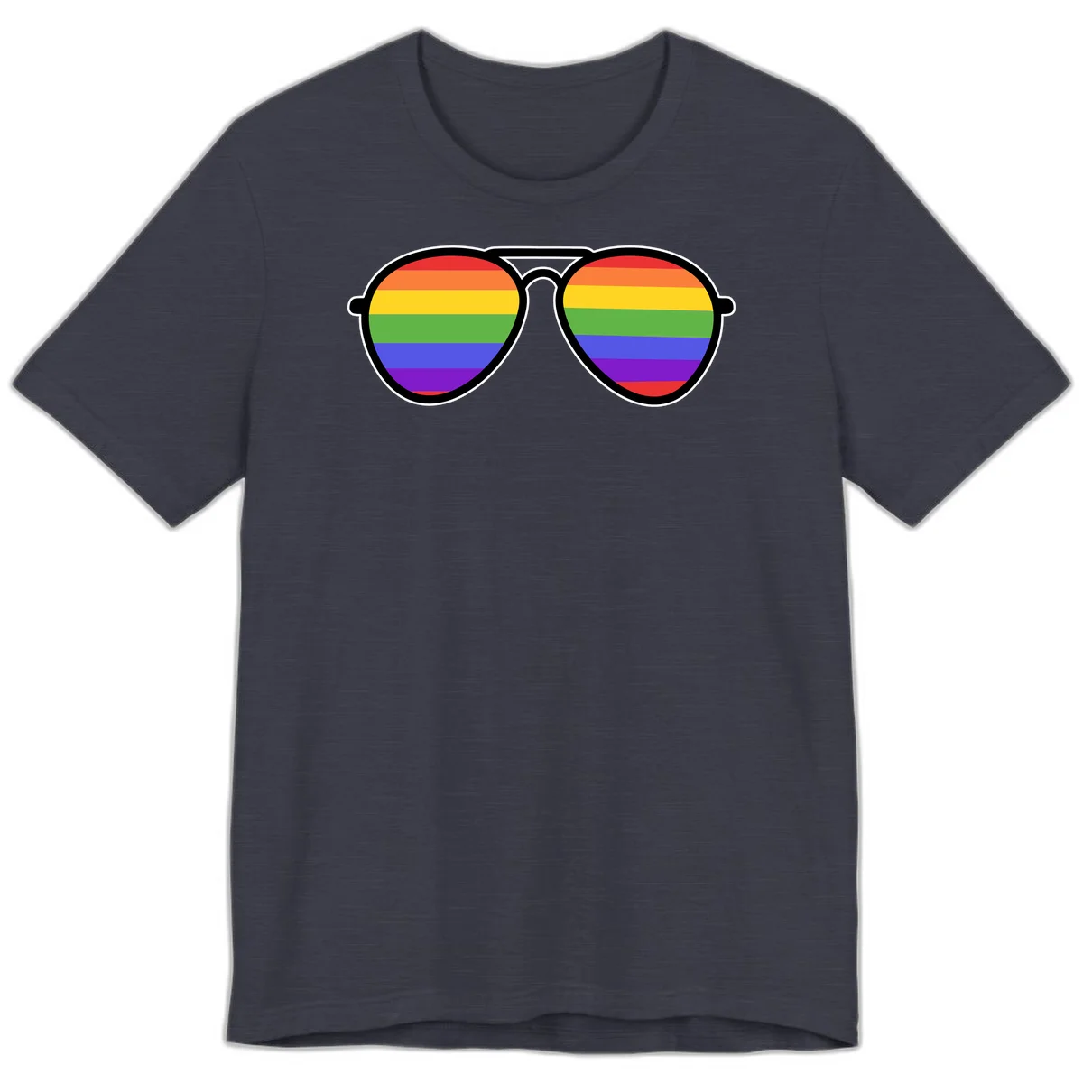 Pair of aviator sunglasses with rainbow-striped lenses in pride flag colors on gray background in Heather Midnight Navy