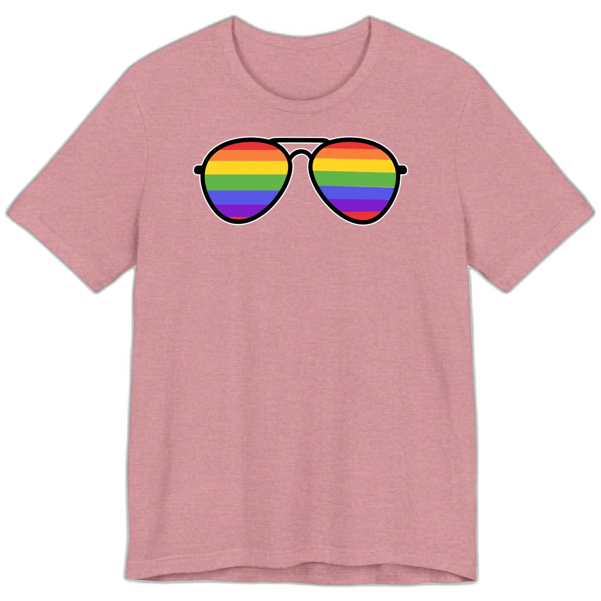 Pair of aviator sunglasses with rainbow-striped lenses in pride flag colors on gray background in Heather Orchid