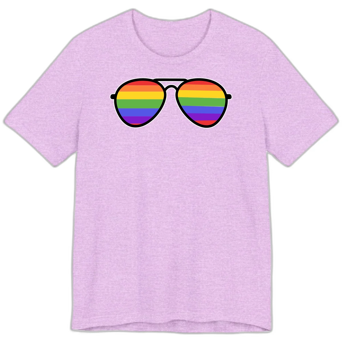 Pair of aviator sunglasses with rainbow-striped lenses in pride flag colors on gray background in Heather Prism Lilac