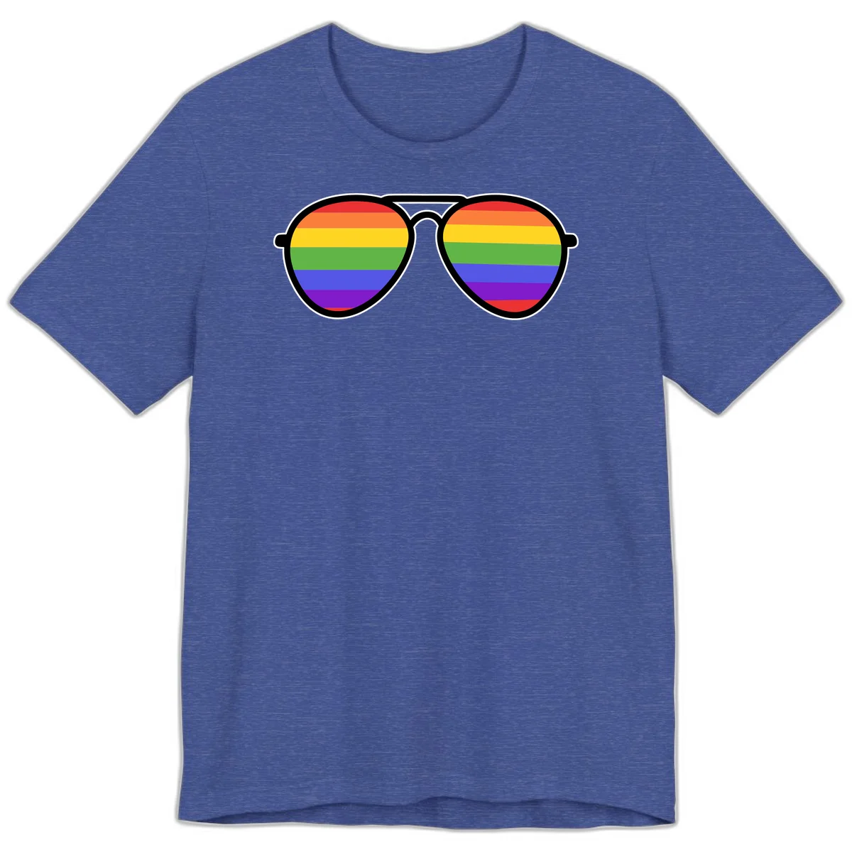 Pair of aviator sunglasses with rainbow-striped lenses in pride flag colors on gray background in Heather True Royal