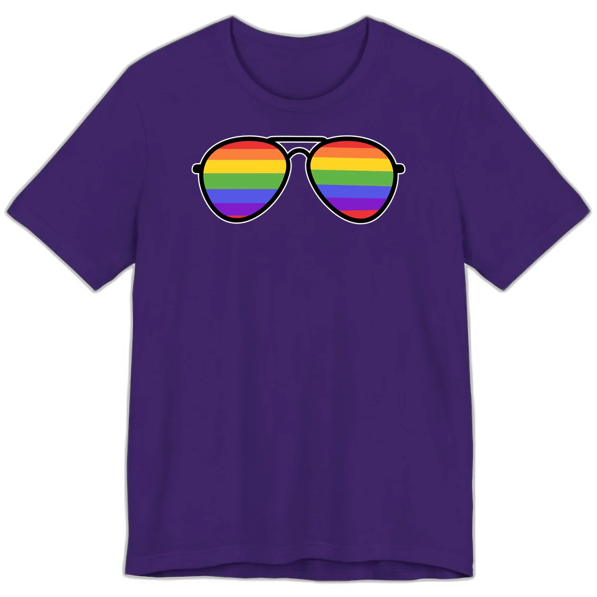 Pair of aviator sunglasses with rainbow-striped lenses in pride flag colors on gray background in Team Purple