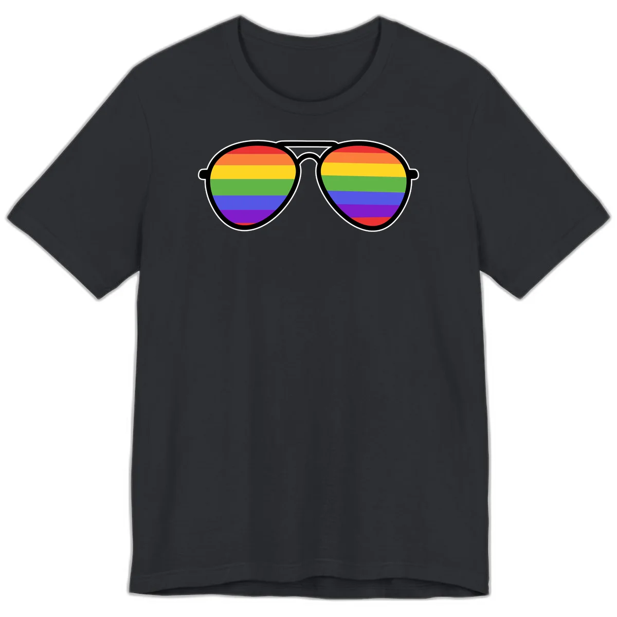 Pair of aviator sunglasses with rainbow-striped lenses in pride flag colors on gray background in Vintage Black