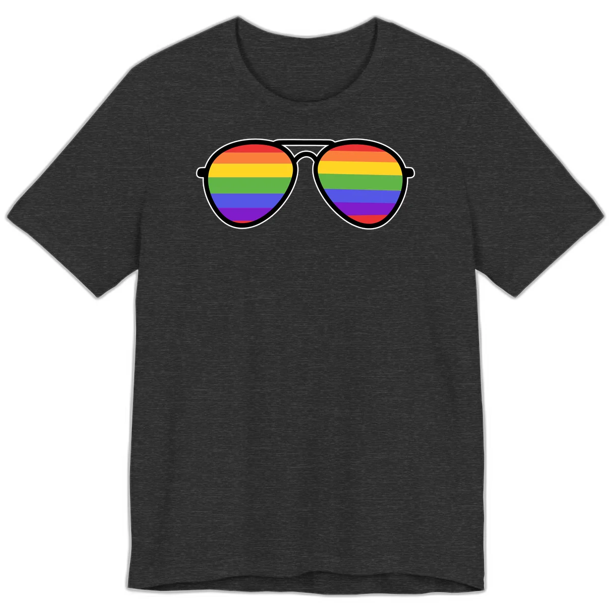Pair of aviator sunglasses with rainbow-striped lenses in pride flag colors on gray background in Dark Grey Heather