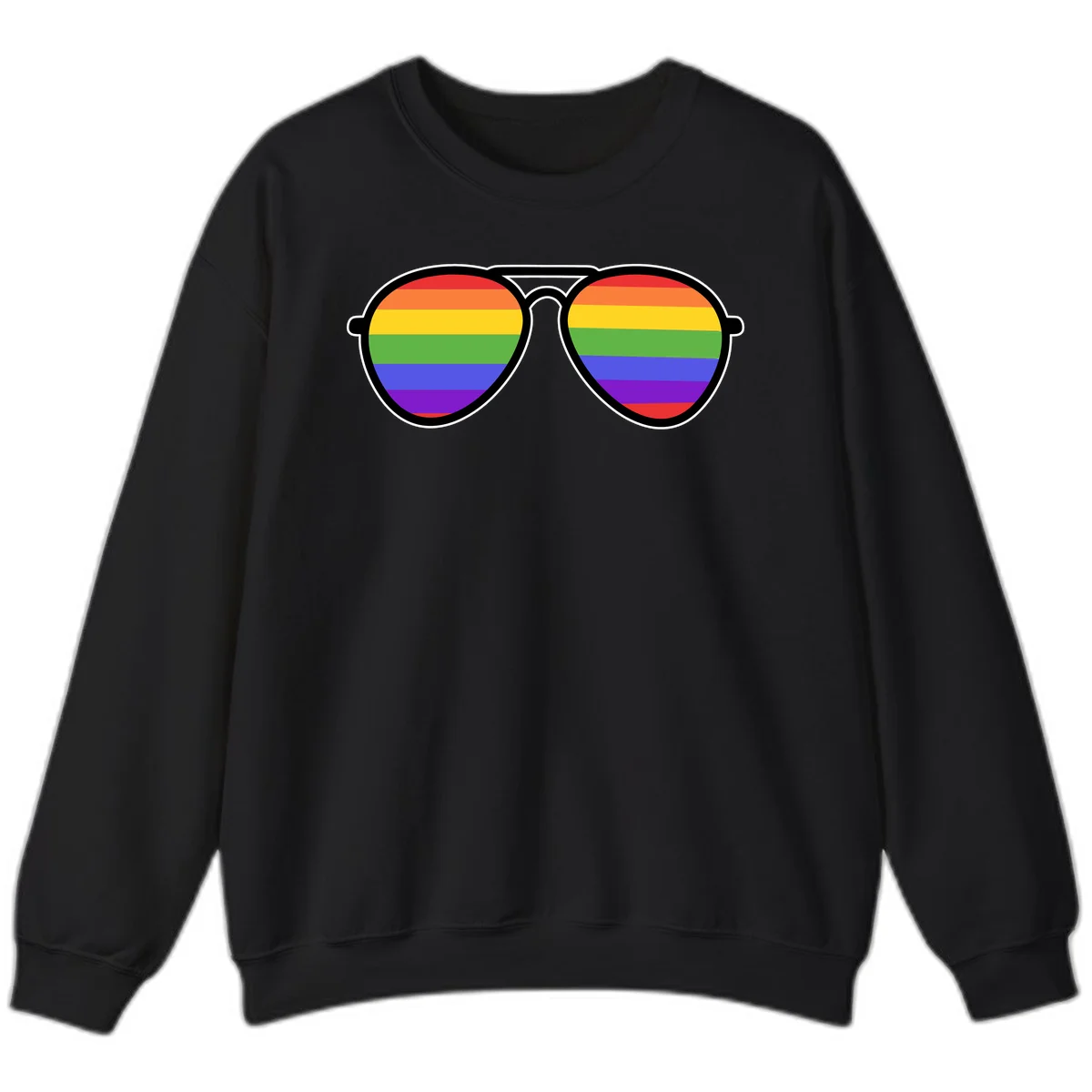 Pair of aviator sunglasses with rainbow-striped lenses in pride flag colors on gray background in Black
