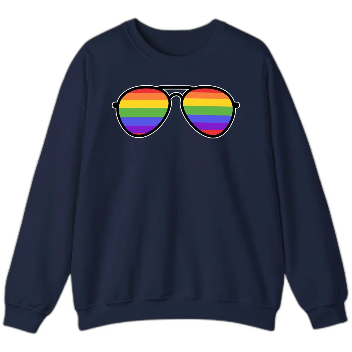 Pair of aviator sunglasses with rainbow-striped lenses in pride flag colors on gray background in Navy