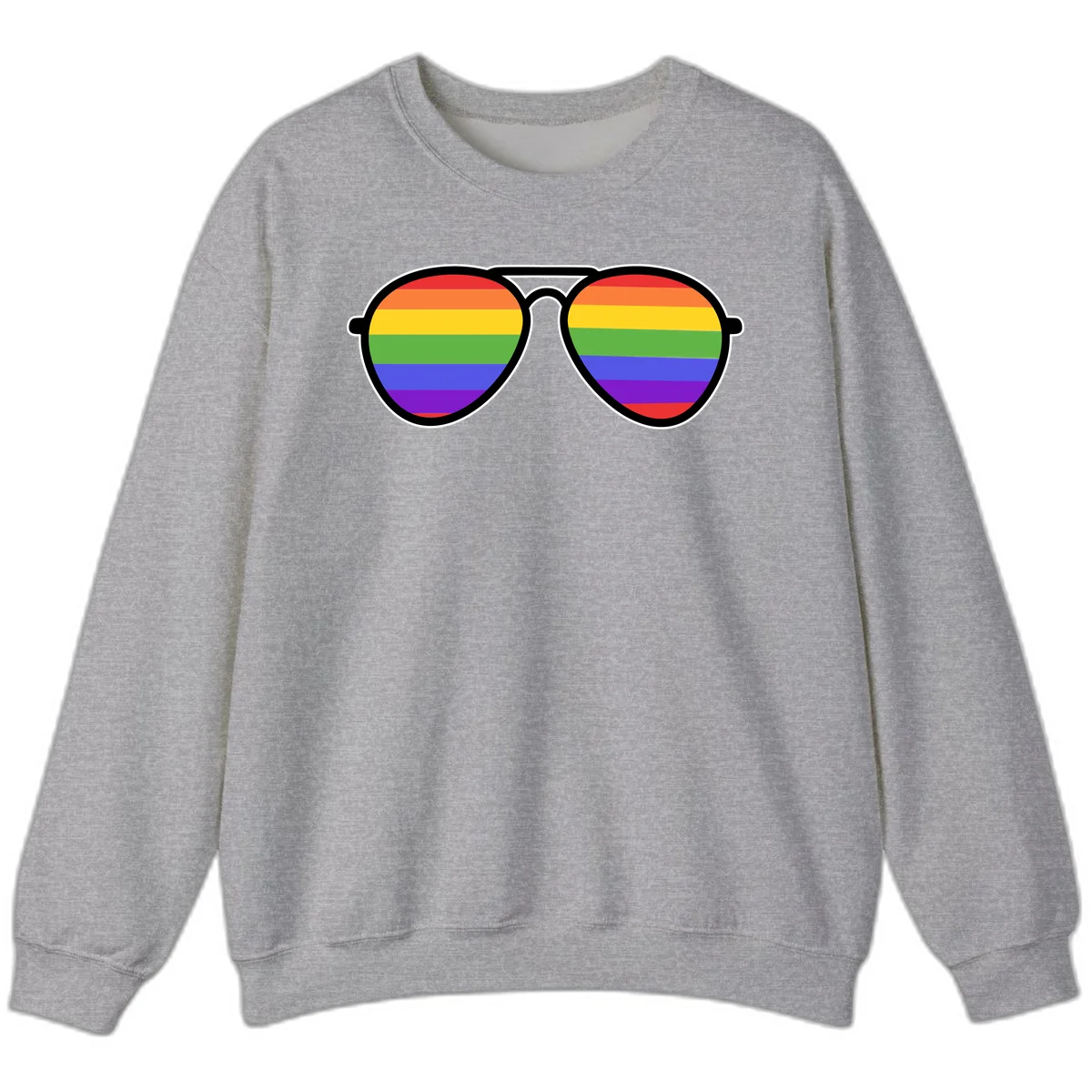 Pair of aviator sunglasses with rainbow-striped lenses in pride flag colors on gray background in Sport Grey