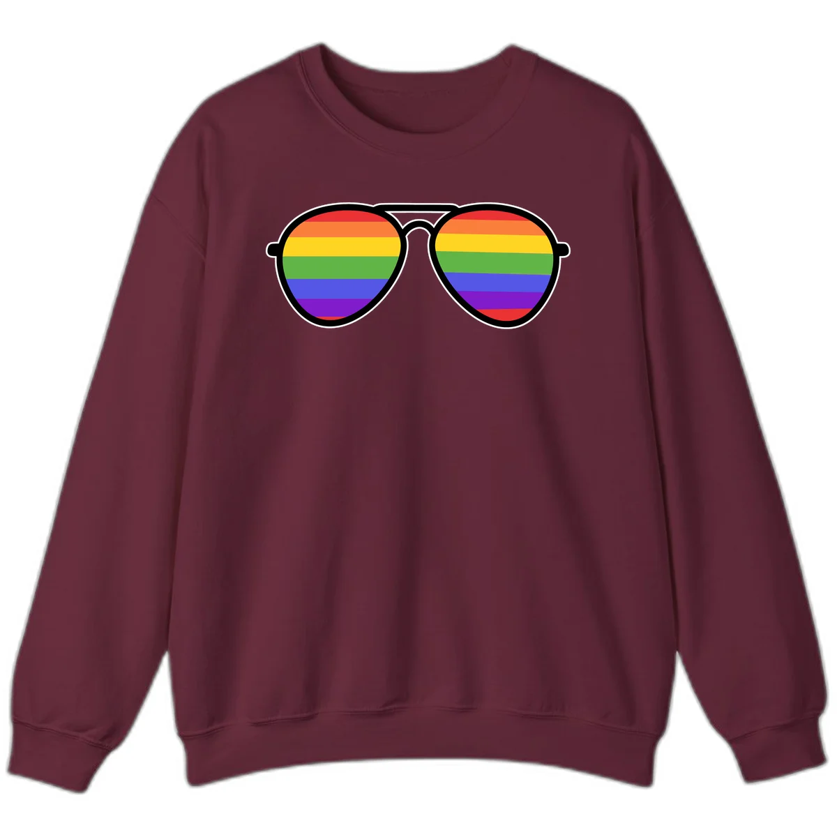 Pair of aviator sunglasses with rainbow-striped lenses in pride flag colors on gray background in Maroon