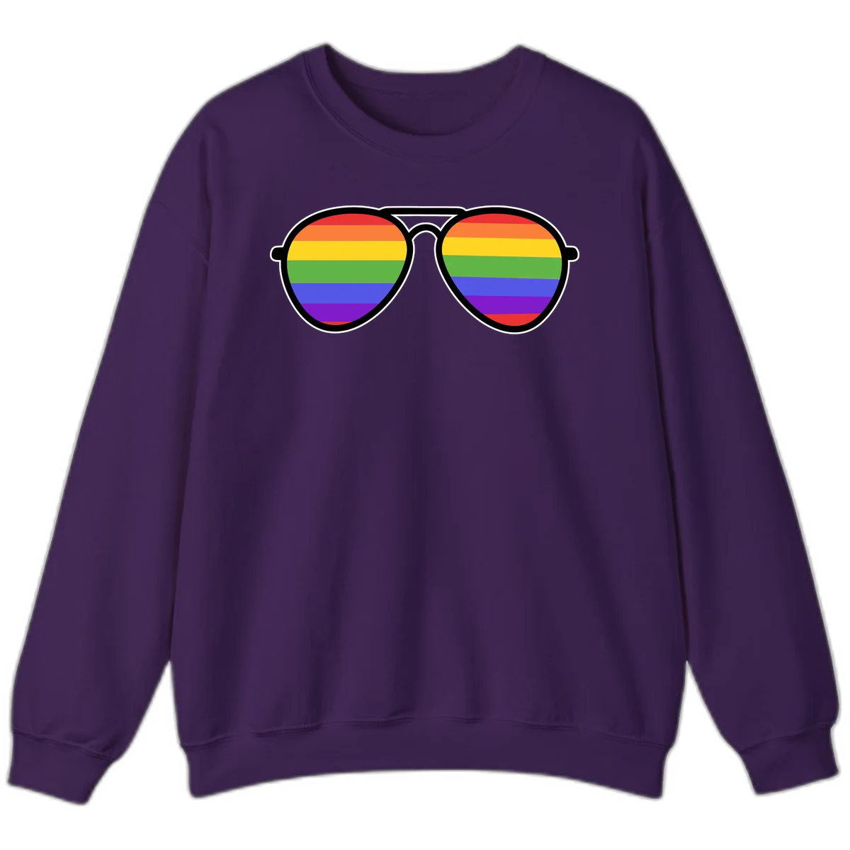 Pair of aviator sunglasses with rainbow-striped lenses in pride flag colors on gray background in Purple