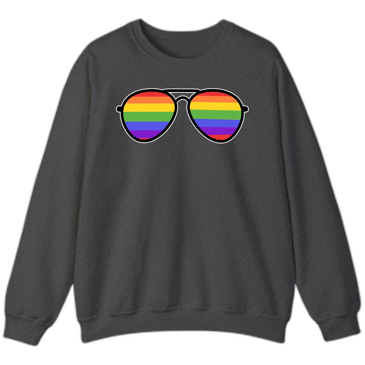 Pair of aviator sunglasses with rainbow-striped lenses in pride flag colors on gray background in Dark Heather