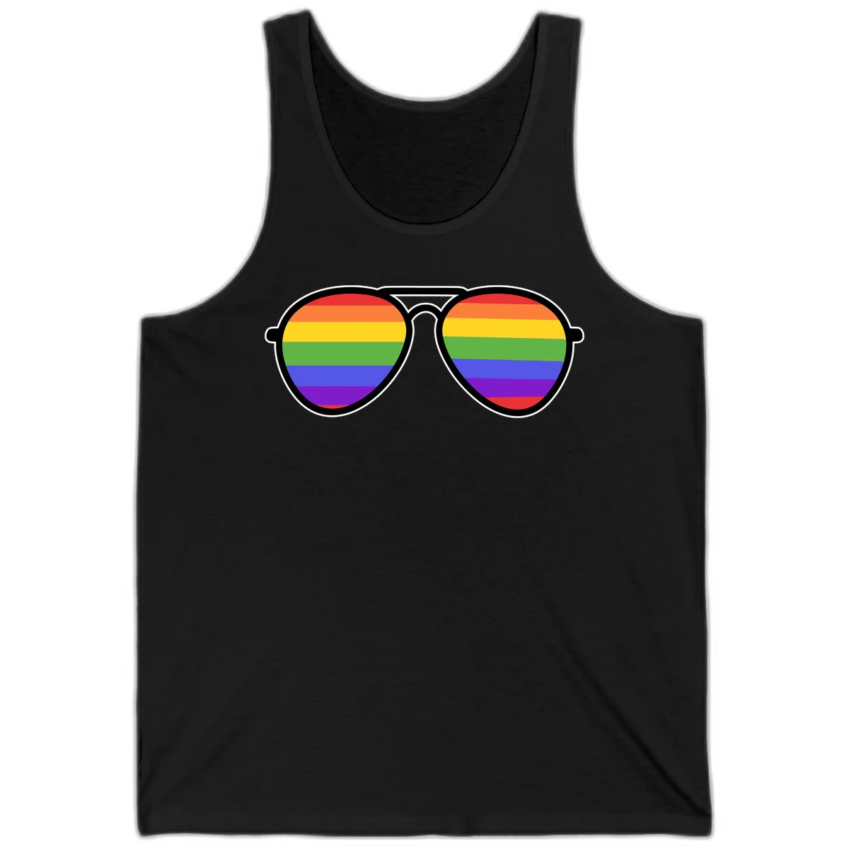 Pair of aviator sunglasses with rainbow-striped lenses in pride flag colors on gray background in Black