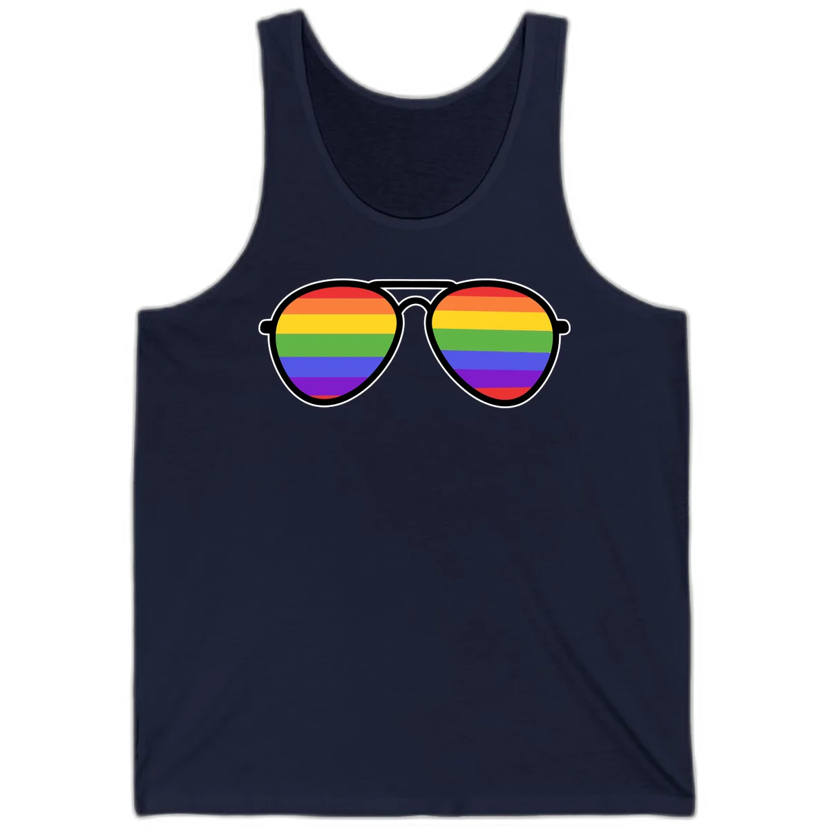 Pair of aviator sunglasses with rainbow-striped lenses in pride flag colors on gray background in Navy
