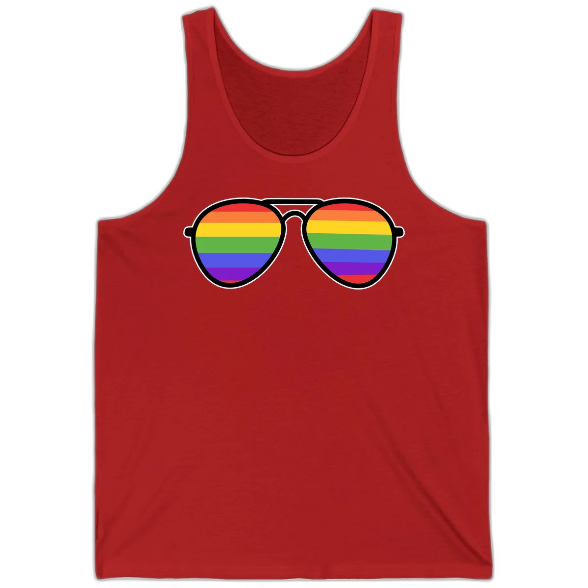 Pair of aviator sunglasses with rainbow-striped lenses in pride flag colors on gray background in Red
