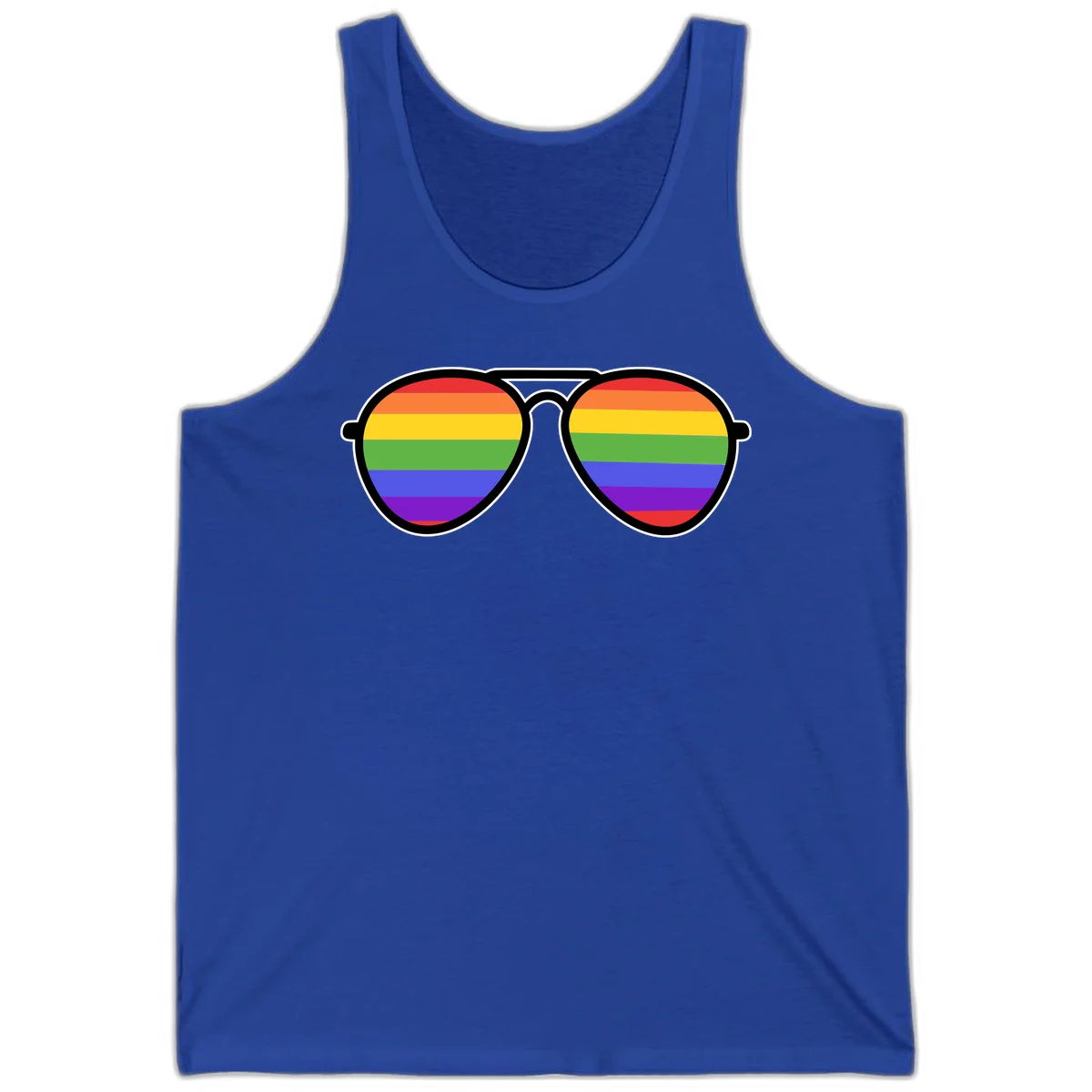 Pair of aviator sunglasses with rainbow-striped lenses in pride flag colors on gray background in True Royal