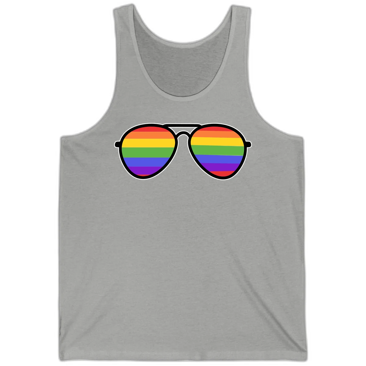 Pair of aviator sunglasses with rainbow-striped lenses in pride flag colors on gray background in Athletic Heather