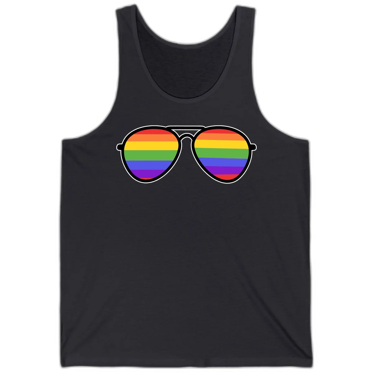 Pair of aviator sunglasses with rainbow-striped lenses in pride flag colors on gray background in Dark Grey