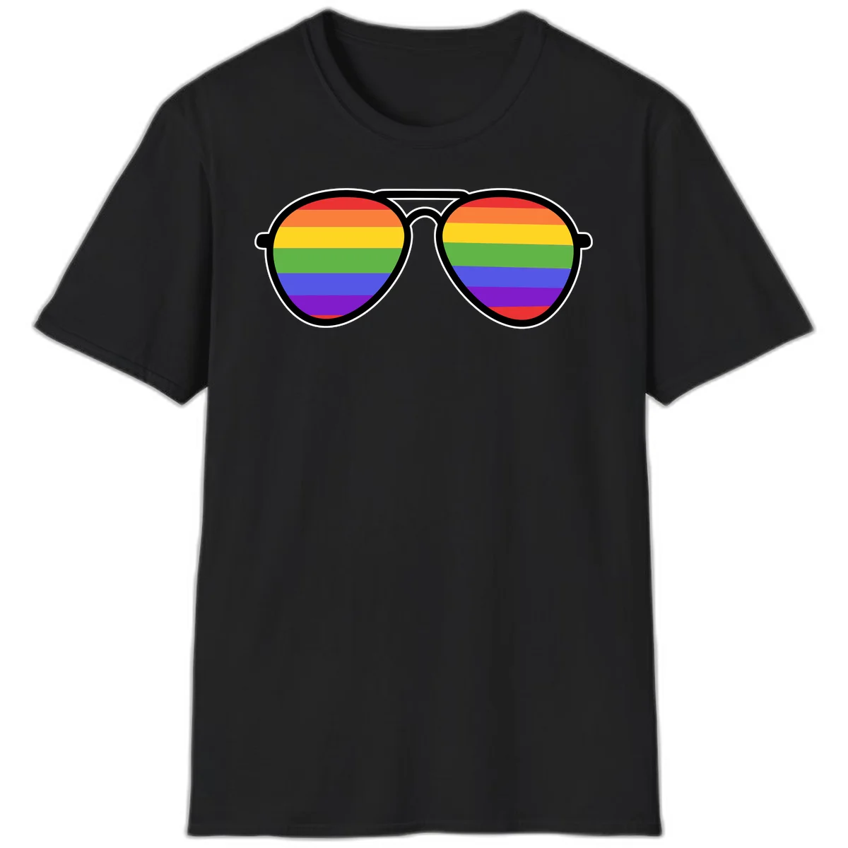Pair of aviator sunglasses with rainbow-striped lenses in pride flag colors on gray background in Black