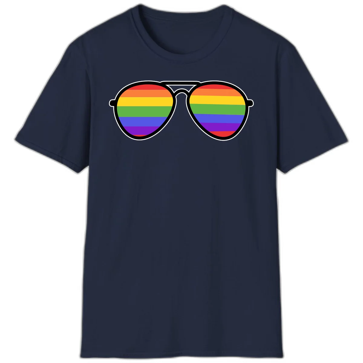 Pair of aviator sunglasses with rainbow-striped lenses in pride flag colors on gray background in Navy