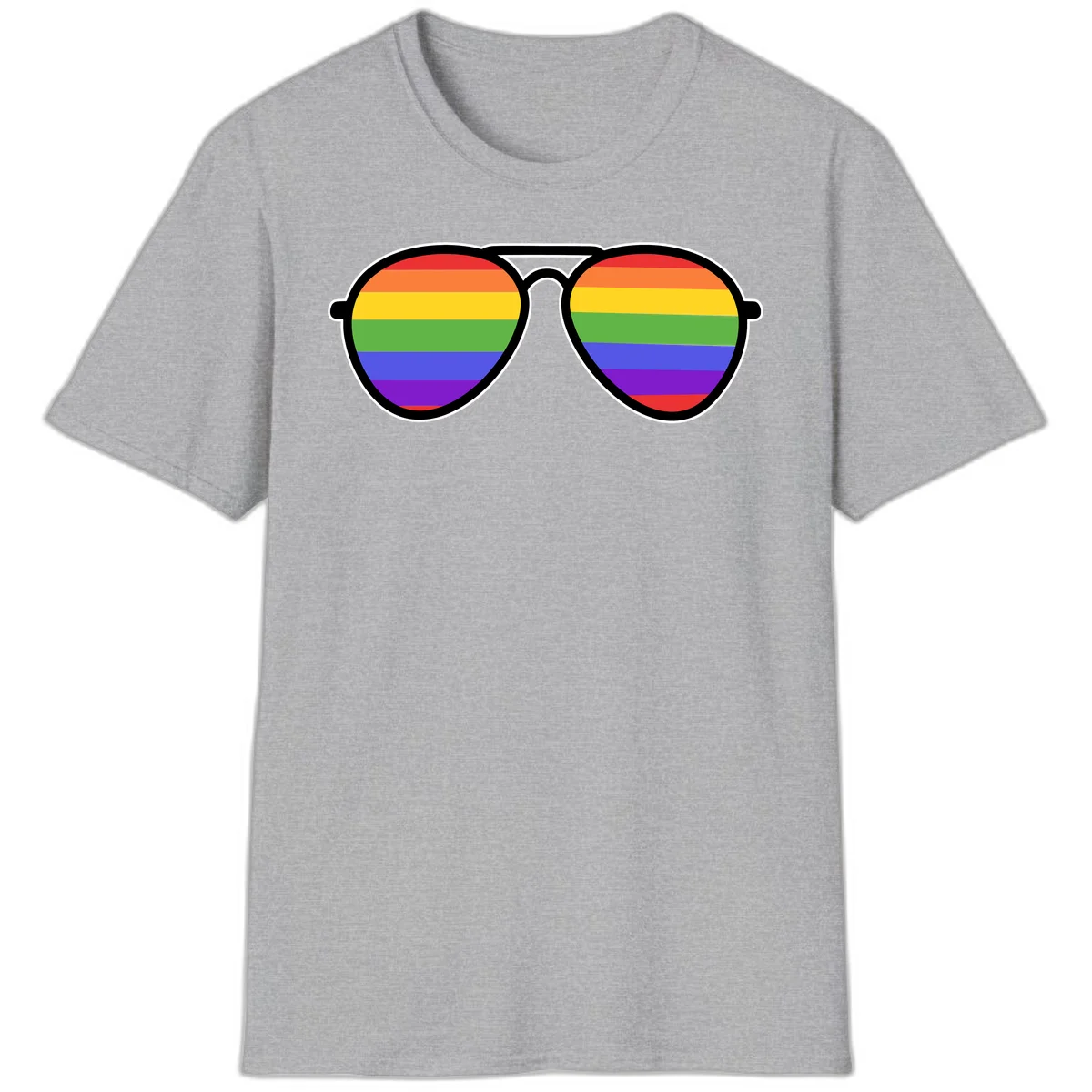 Pair of aviator sunglasses with rainbow-striped lenses in pride flag colors on gray background in Sport Grey