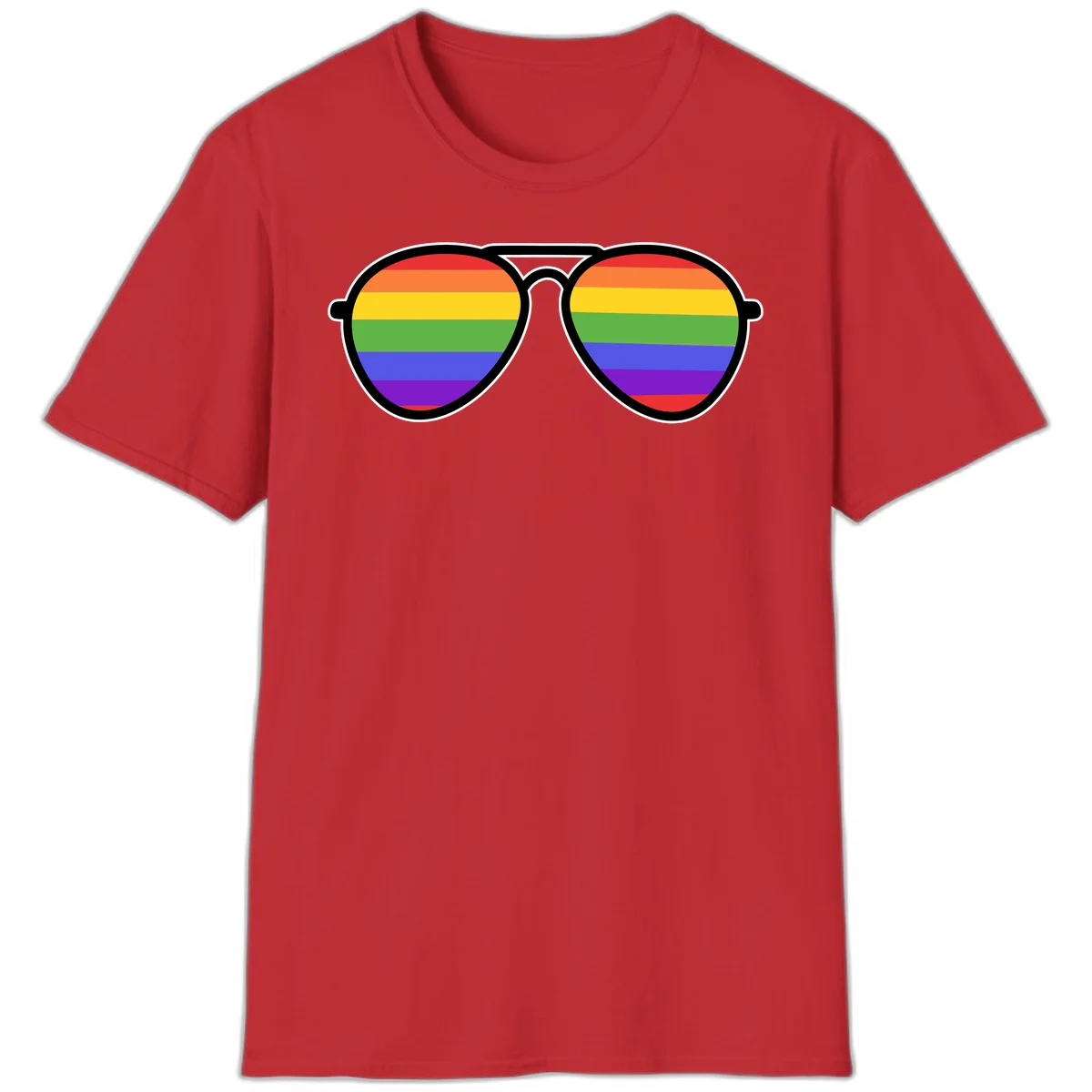 Pair of aviator sunglasses with rainbow-striped lenses in pride flag colors on gray background in Red