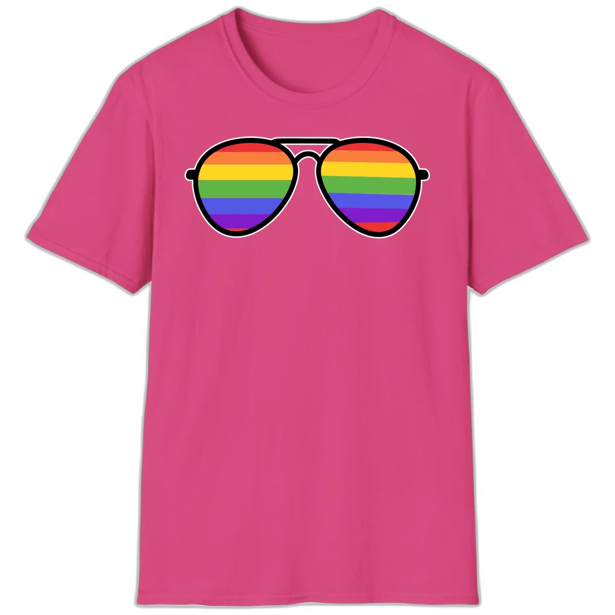 Pair of aviator sunglasses with rainbow-striped lenses in pride flag colors on gray background in Heliconia