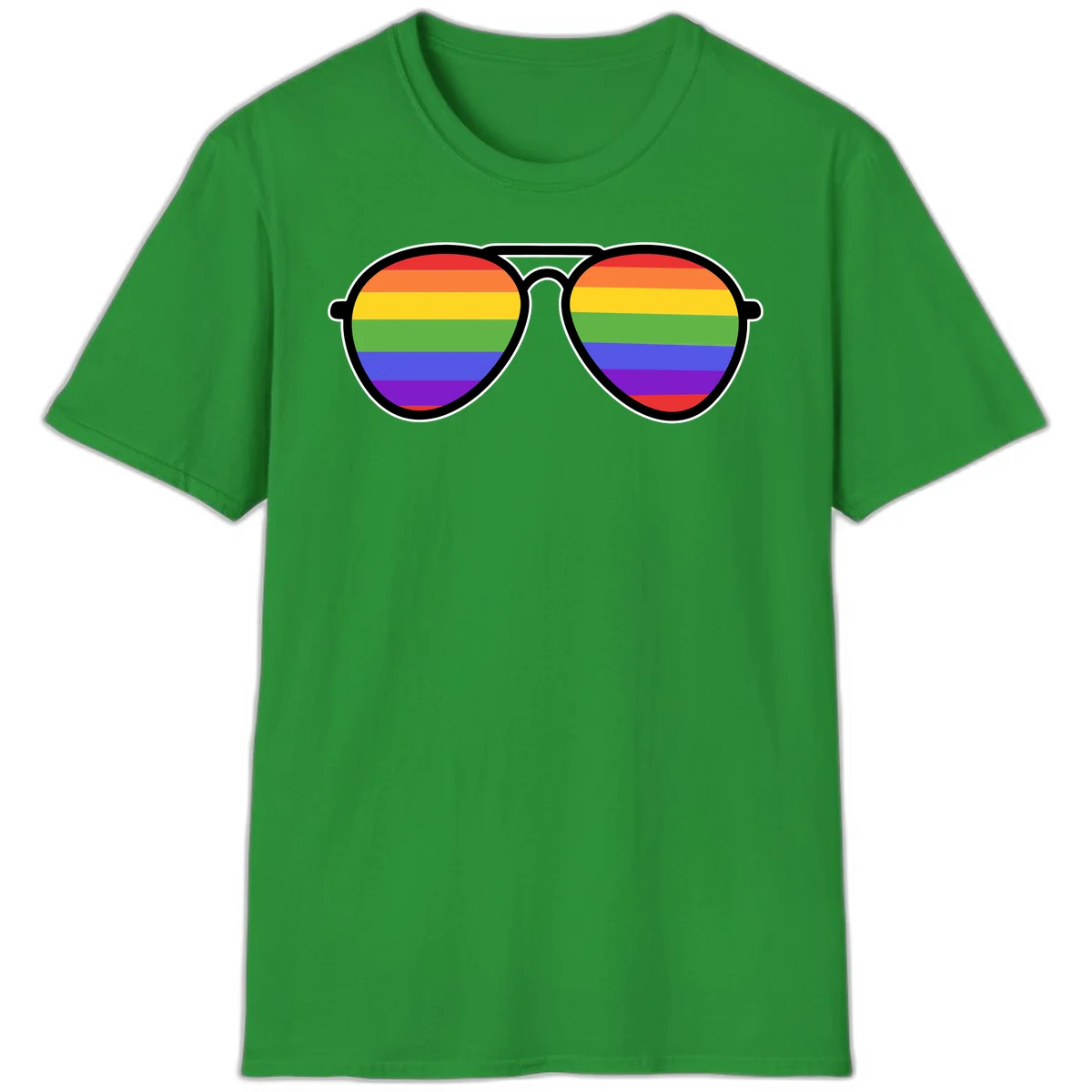 Pair of aviator sunglasses with rainbow-striped lenses in pride flag colors on gray background in Irish Green