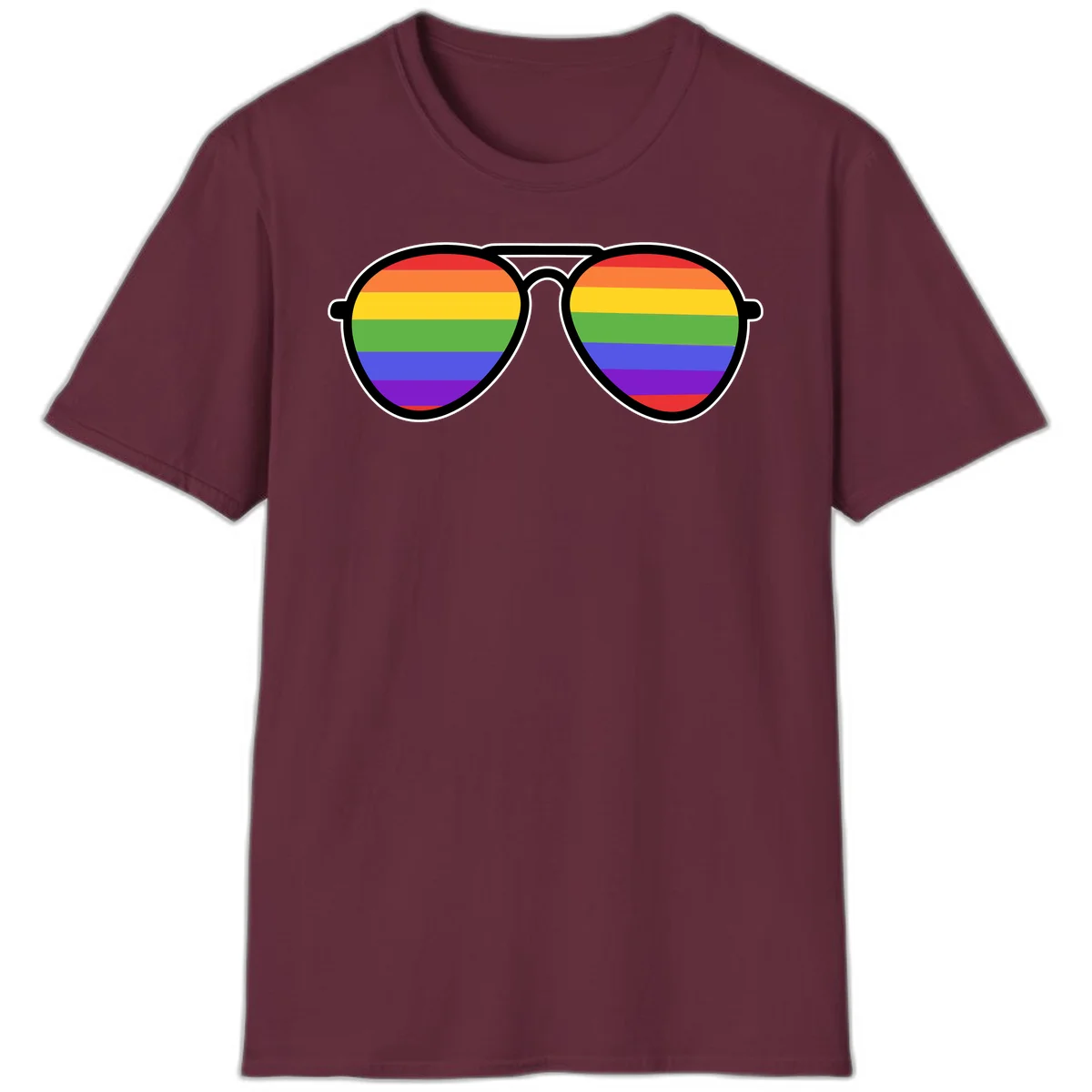 Pair of aviator sunglasses with rainbow-striped lenses in pride flag colors on gray background in Maroon