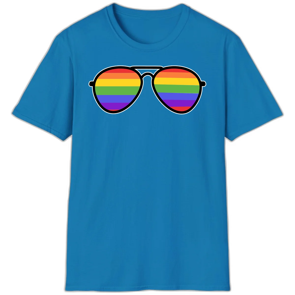 Pair of aviator sunglasses with rainbow-striped lenses in pride flag colors on gray background in Sapphire