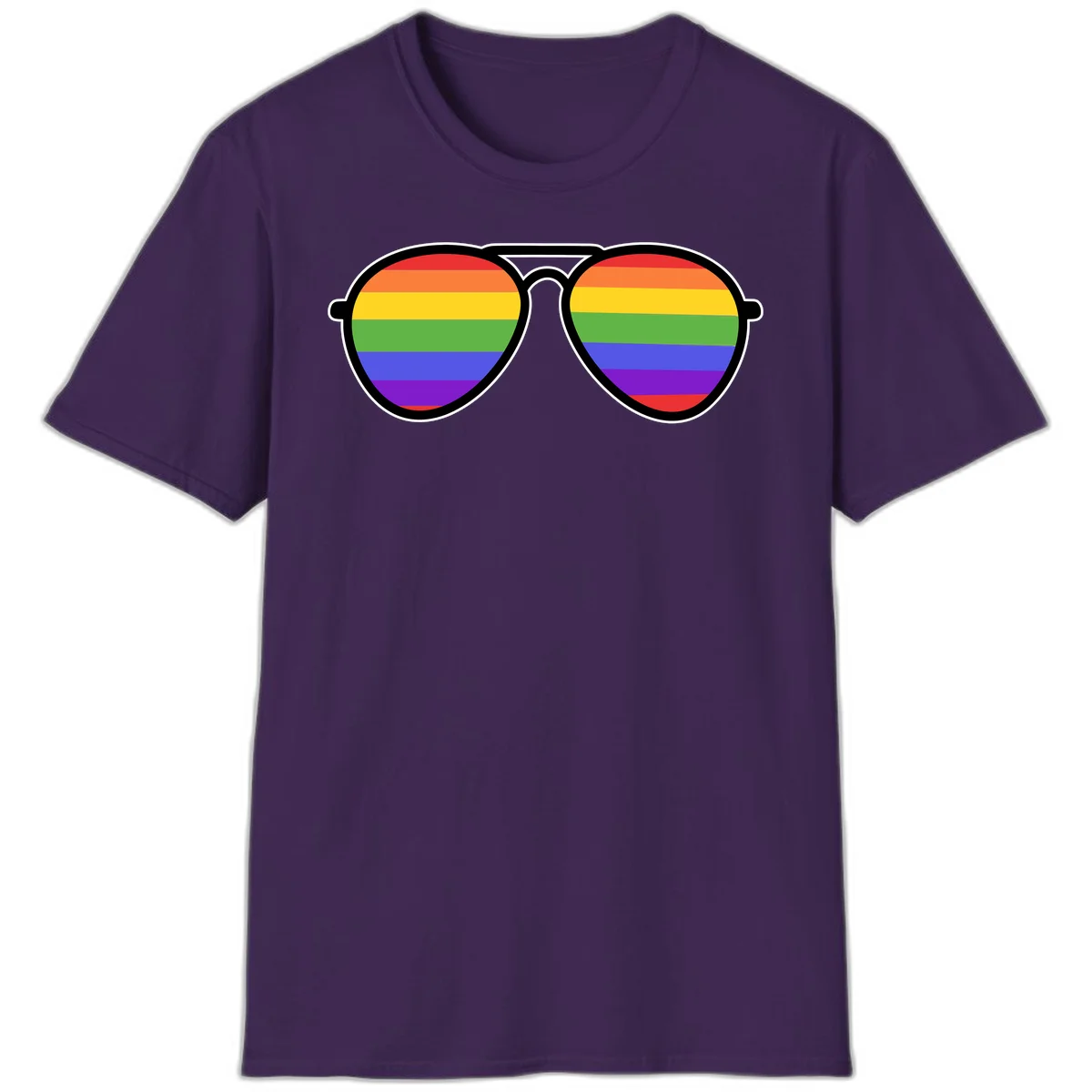 Pair of aviator sunglasses with rainbow-striped lenses in pride flag colors on gray background in Purple