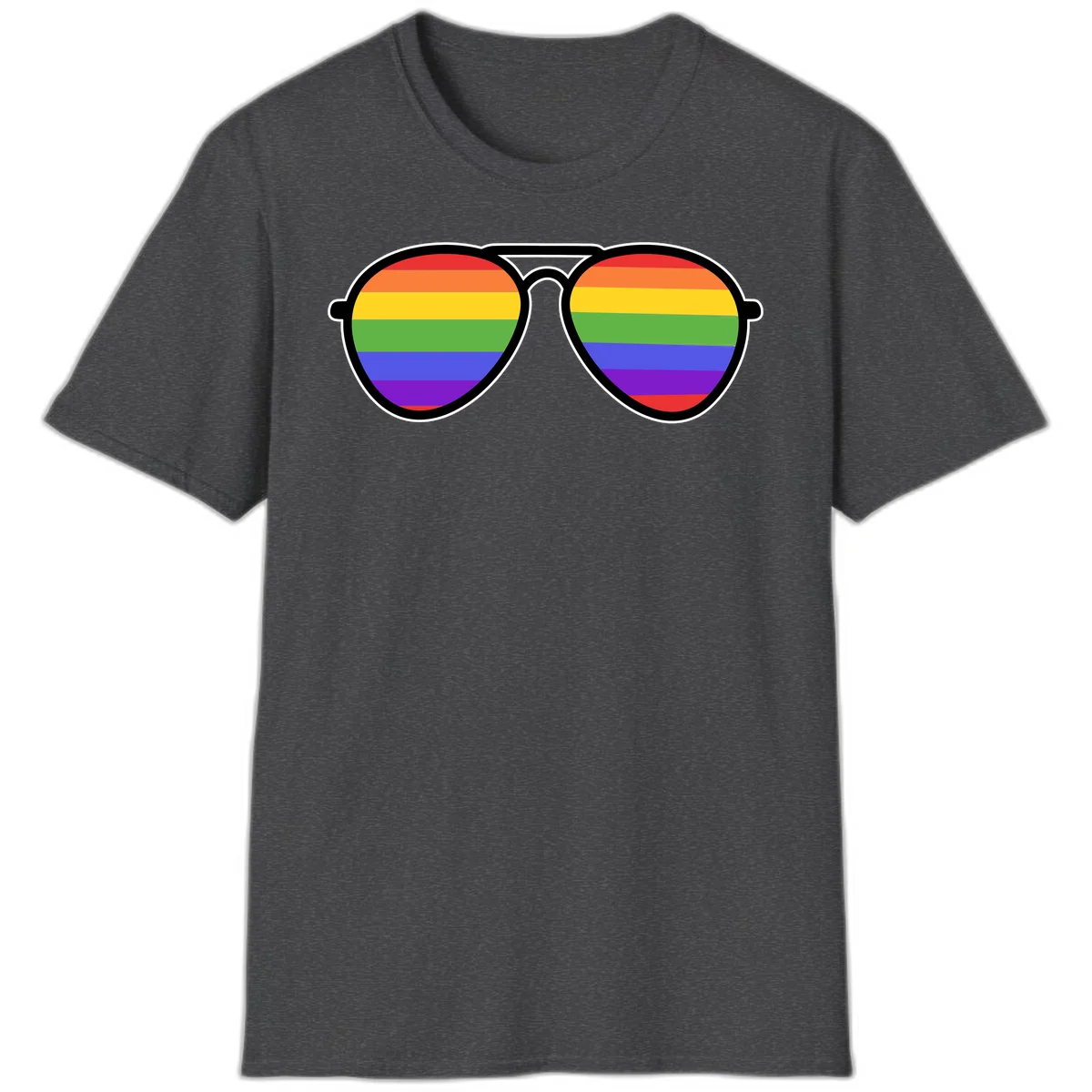 Pair of aviator sunglasses with rainbow-striped lenses in pride flag colors on gray background in Dark Heather