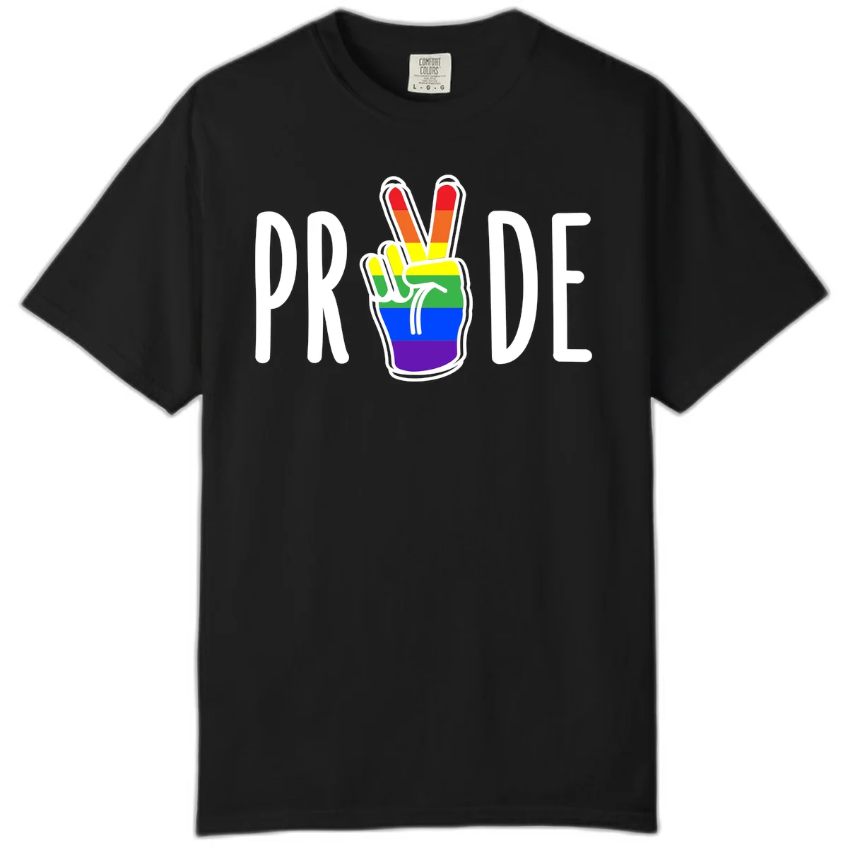 Pride peace hand rainbow design with colorful peace gesture and PRIDE text in Black