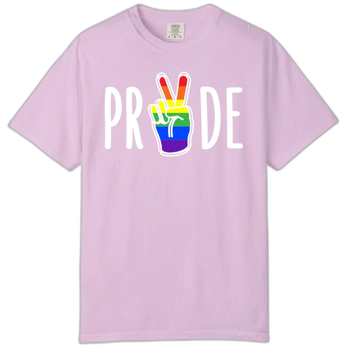 Pride peace hand rainbow design with colorful peace gesture and PRIDE text in Orchid