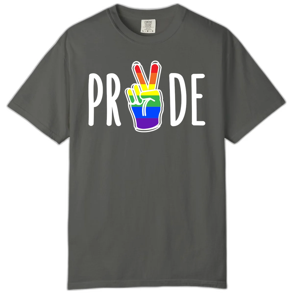 Pride peace hand rainbow design with colorful peace gesture and PRIDE text in Pepper