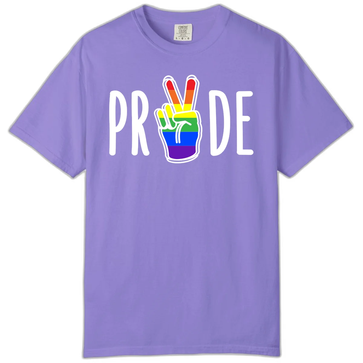 Pride peace hand rainbow design with colorful peace gesture and PRIDE text in Violet