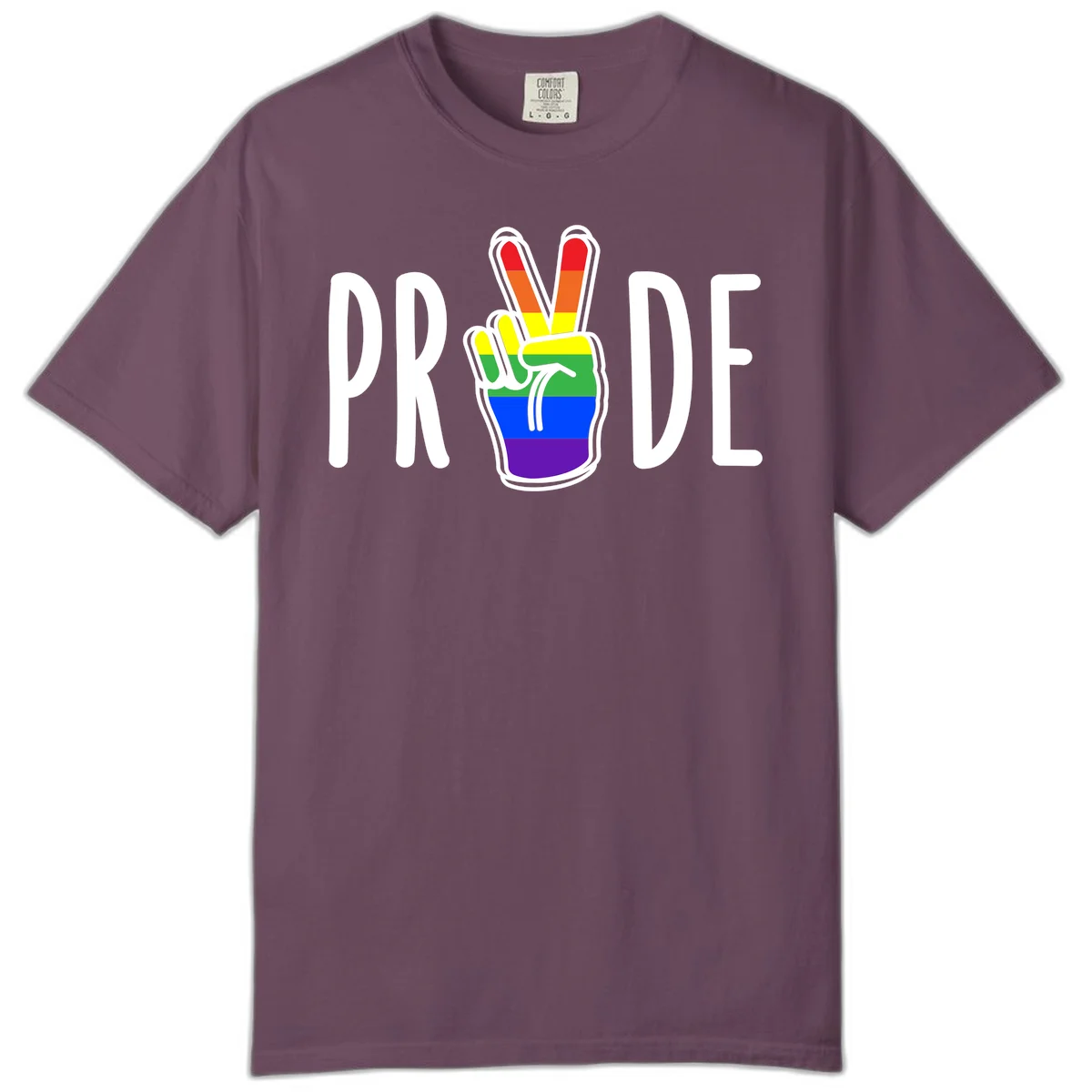 Pride peace hand rainbow design with colorful peace gesture and PRIDE text in Berry