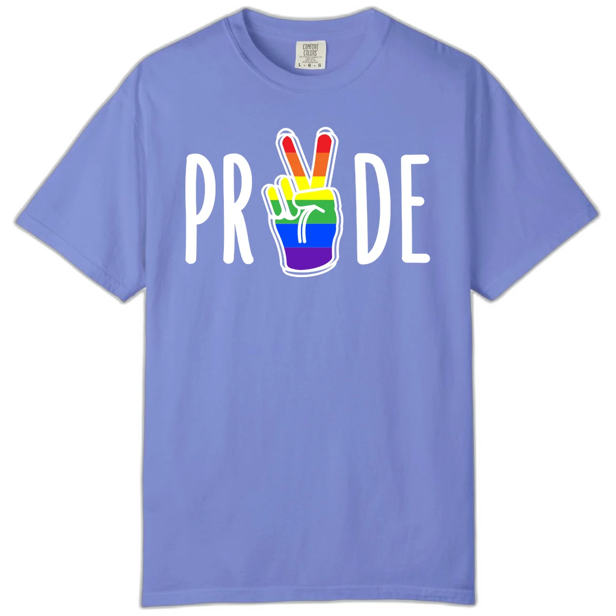 Pride peace hand rainbow design with colorful peace gesture and PRIDE text in Flo Blue
