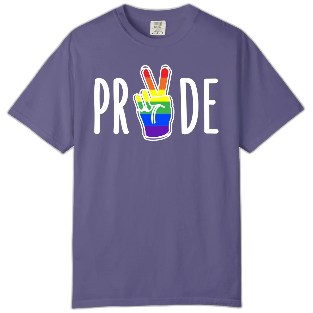 Pride peace hand rainbow design with colorful peace gesture and PRIDE text in Grape