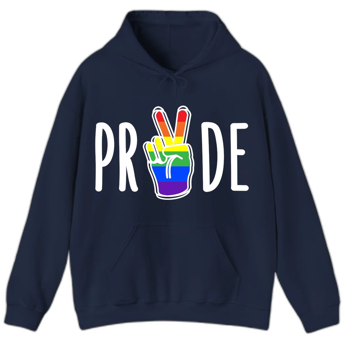 Pride peace hand rainbow design with colorful peace gesture and PRIDE text in Navy