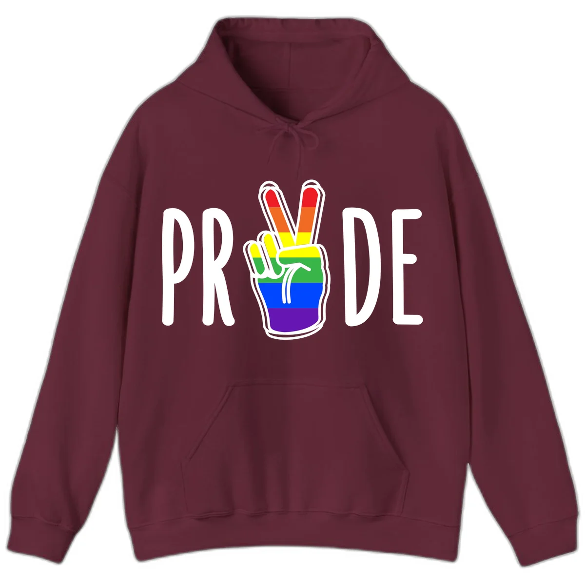Pride peace hand rainbow design with colorful peace gesture and PRIDE text in Maroon
