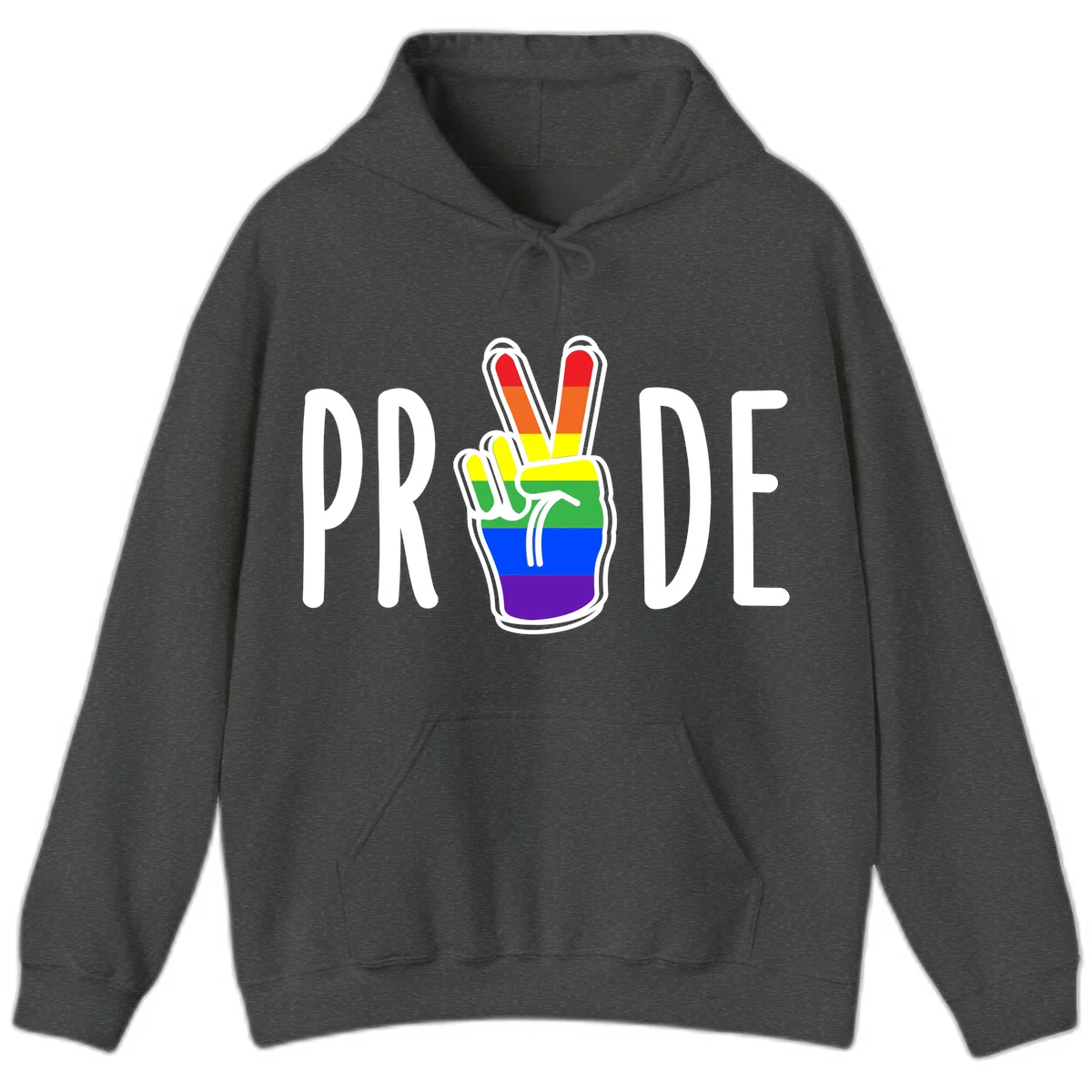 Pride peace hand rainbow design with colorful peace gesture and PRIDE text in Dark Heather