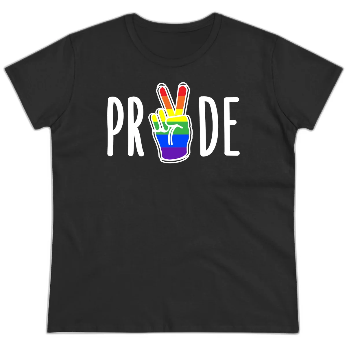 Pride peace hand rainbow design with colorful peace gesture and PRIDE text in Black