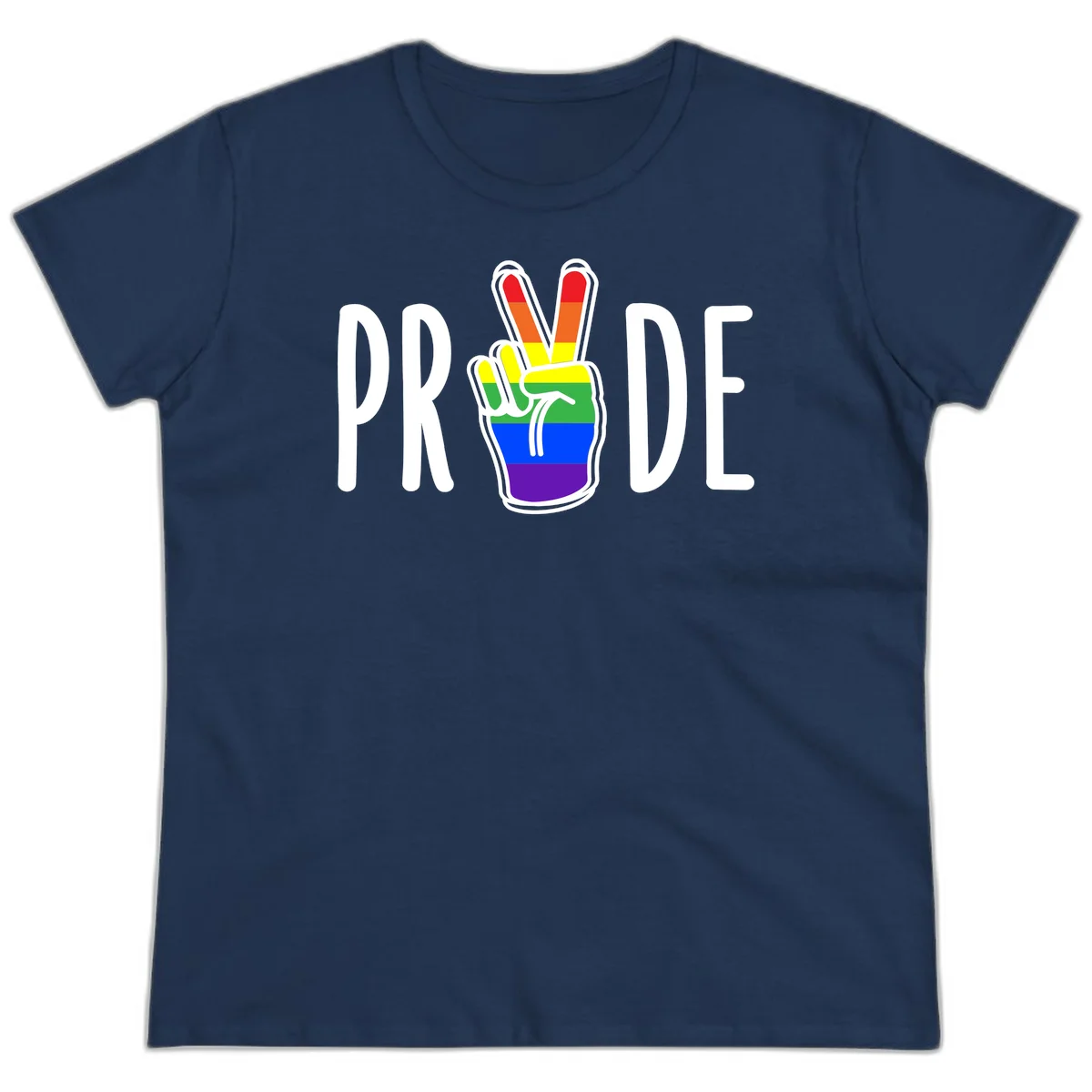Pride peace hand rainbow design with colorful peace gesture and PRIDE text in Navy