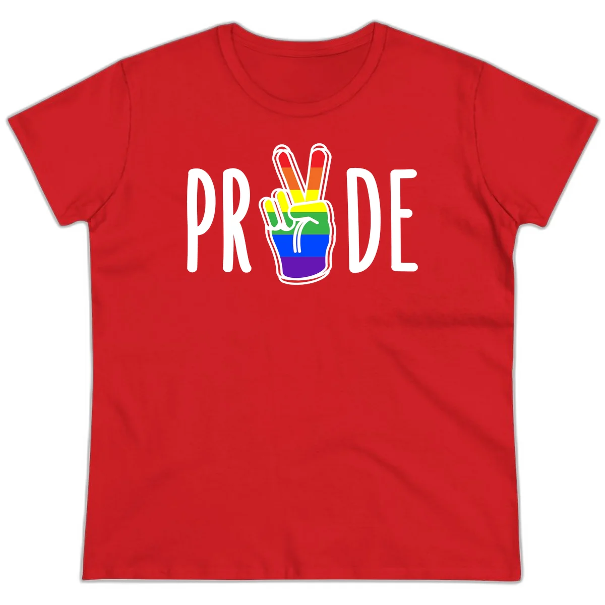 Pride peace hand rainbow design with colorful peace gesture and PRIDE text in Red