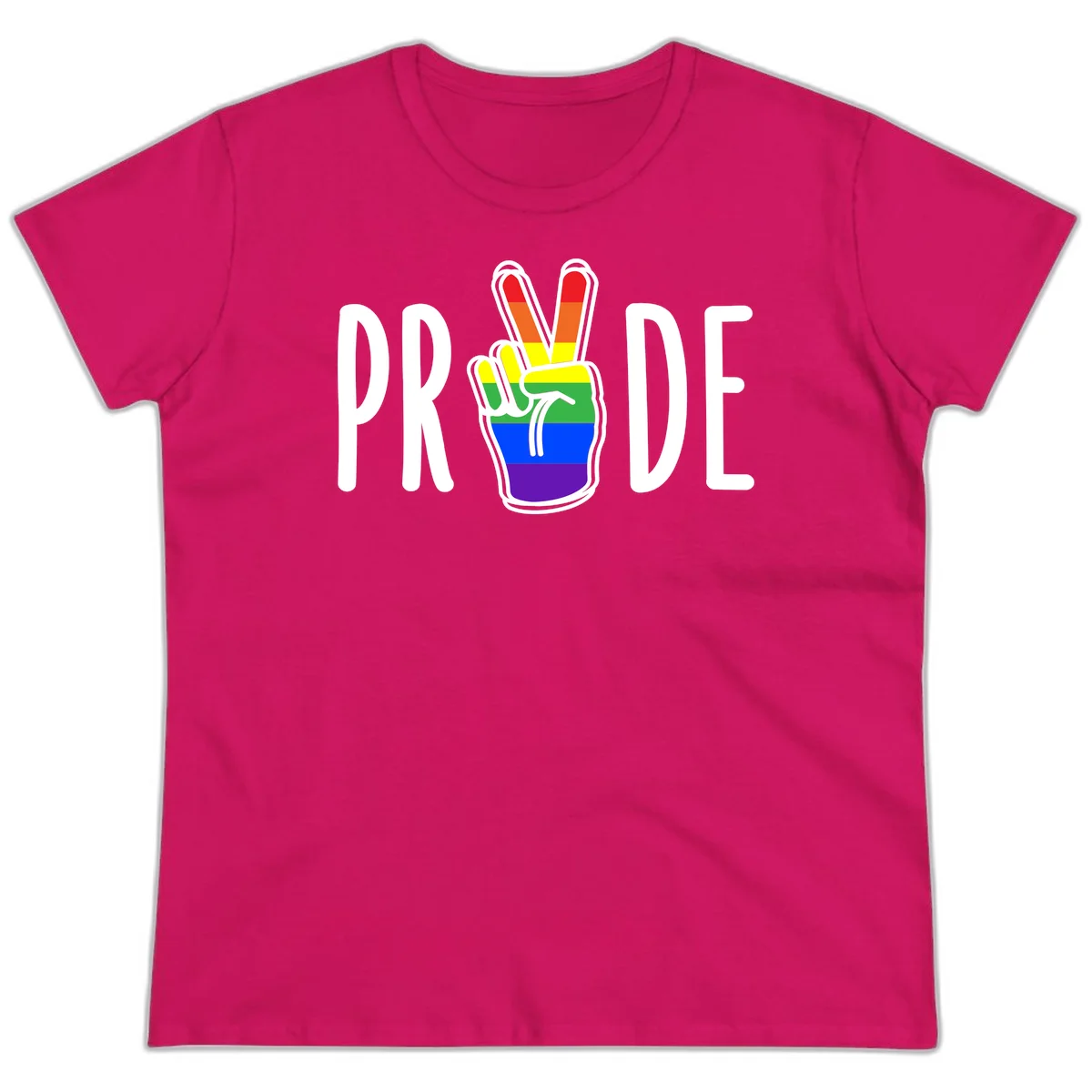 Pride peace hand rainbow design with colorful peace gesture and PRIDE text in Heliconia