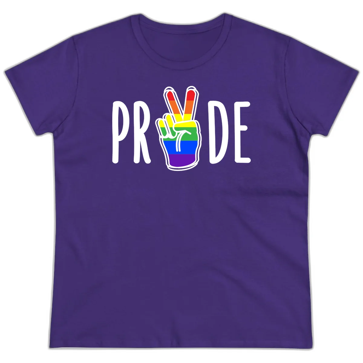 Pride peace hand rainbow design with colorful peace gesture and PRIDE text in Purple