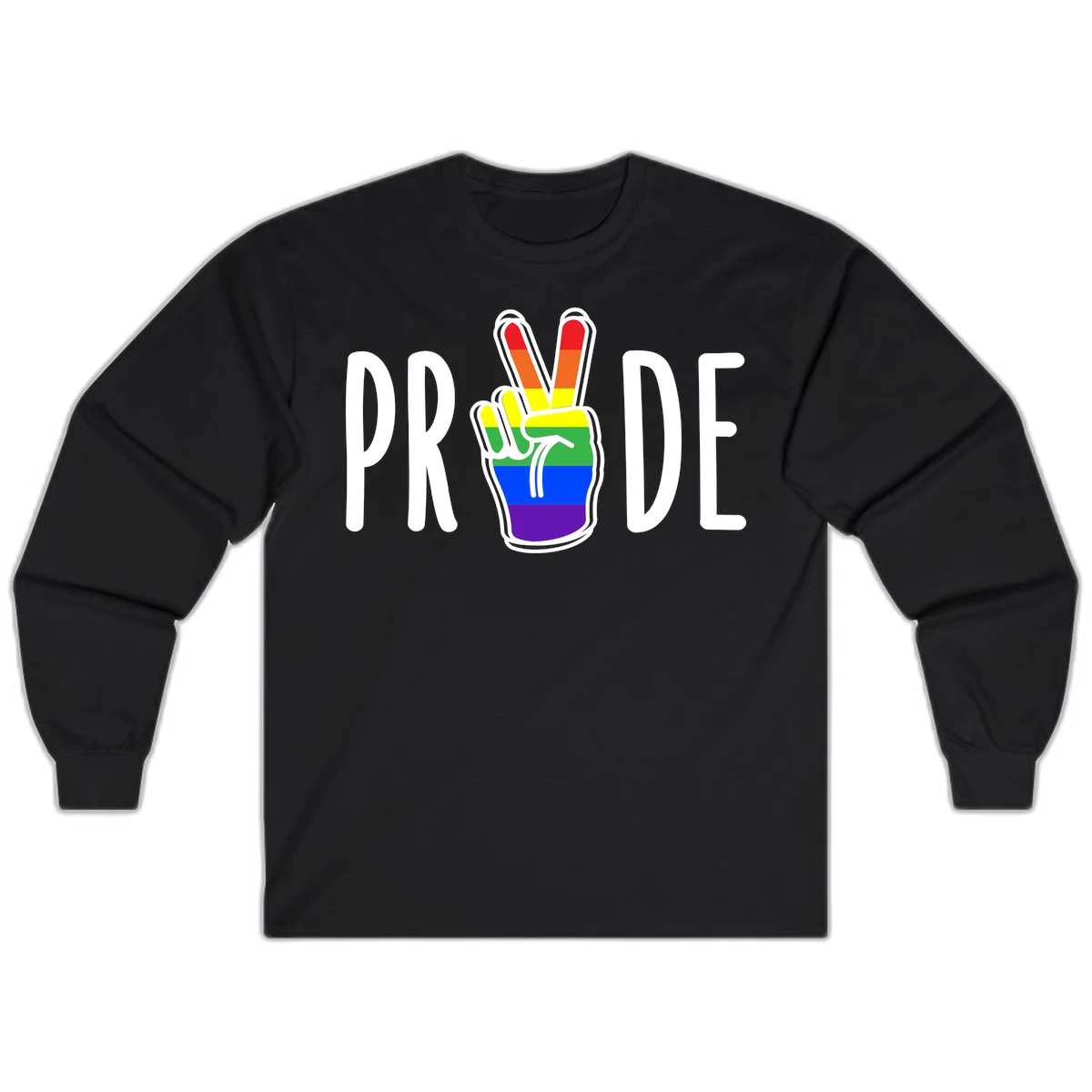 Pride peace hand rainbow design with colorful peace gesture and PRIDE text in Black